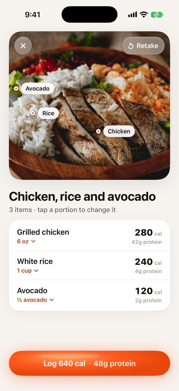 Chicken, rice and avocado broken into 640 calories